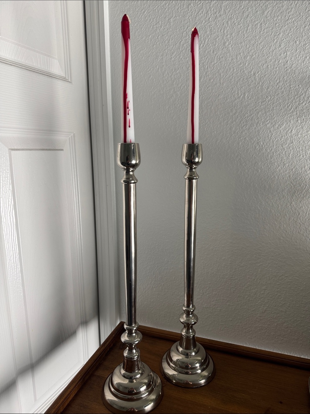 Set of 2 Tall Polished Silver Toned Taper Candlestick Holders